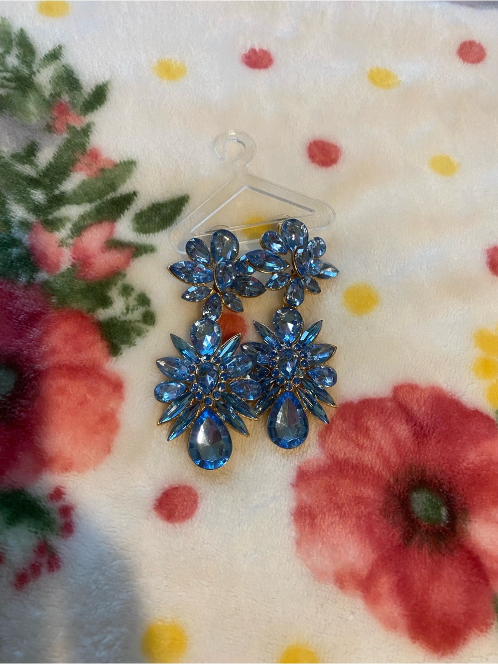 Blue Crystal Floral Statement Drop Earrings - Unbranded